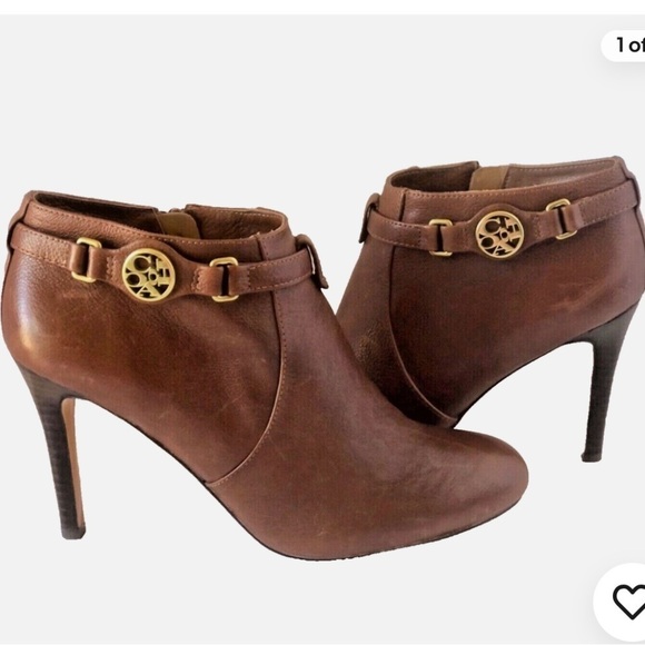 COACH LOGO BROWN SALENE LEATHER HIGH STILETTO ANKLE BOOT 8.5 MSRP $228 - Picture 1 of 6